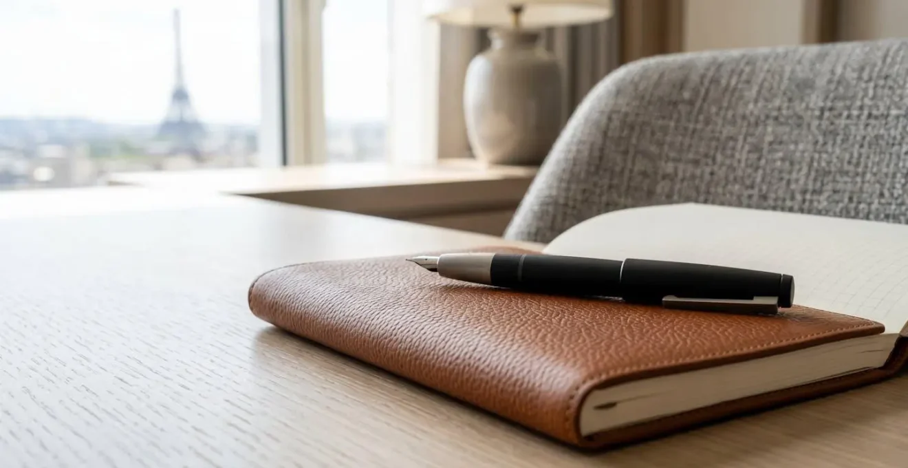 Gros plan sur un coin bureau élégant de chambre d'hôtel avec carnet et stylo raffinés posés sur une surface claire, textures visibles, ambiance feutrée