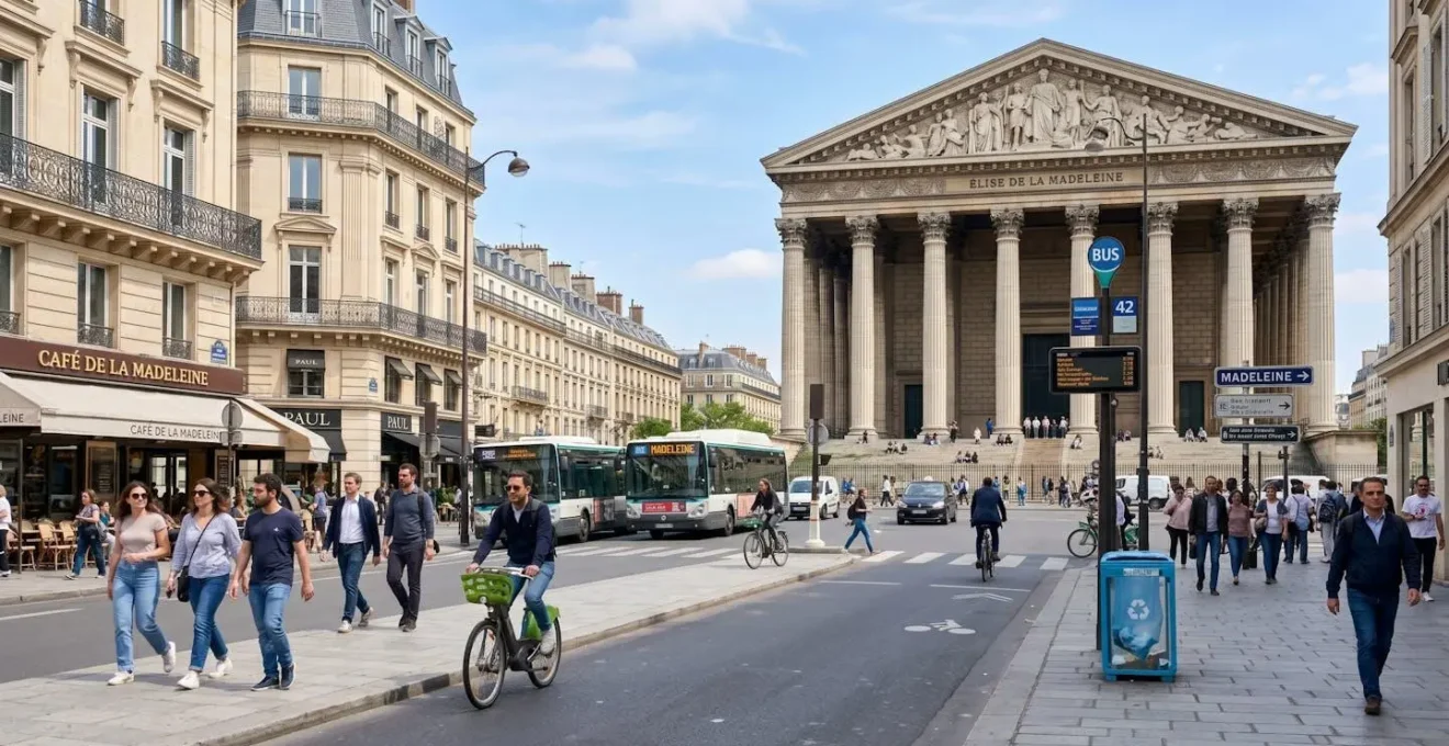 Vue de la Place de la Madeleine à Paris avec l'église en arrière-plan et les immeubles haussmanniens caractéristiques du 8e arrondissement sous un ciel lumineux