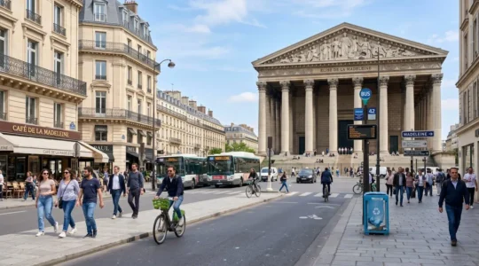 Vue de la Place de la Madeleine à Paris avec l'église en arrière-plan et les immeubles haussmanniens caractéristiques du 8e arrondissement sous un ciel lumineux