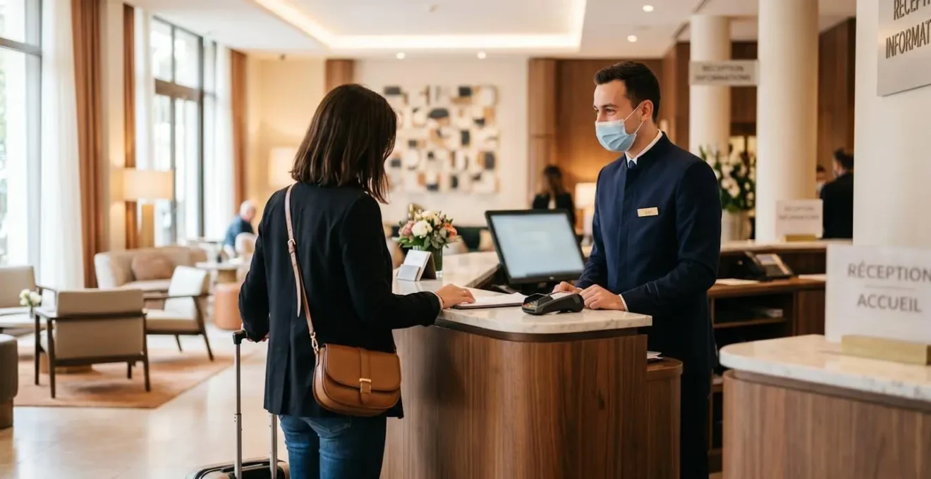 Scène de réception dans un hôtel parisien élégant où un professionnel de la conciergerie interagit avec un client vu de dos devant un comptoir contemporain